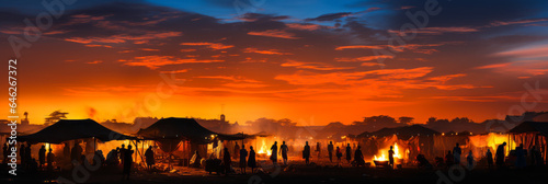 Atmospheric silhouette of a typical Ivorian marketplace with stalls and canopies set against a tranquil twilight sky  reveals authentic local culture.