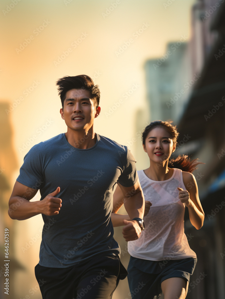 Active asian couple jogging outdoor in the morning, Running in the city street, city park.