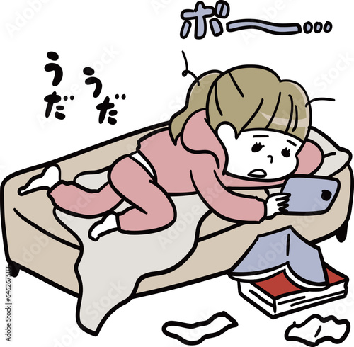 ベッドでダラダラスマホをいじる女子