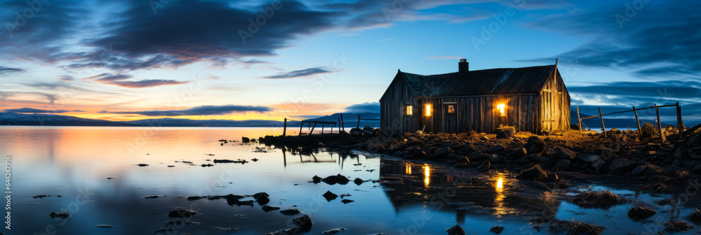 Enchanting silhouette of Icelandic fishing huts under a starry night sky, radiating serenity and natural beauty of the remote, rustic landscape.