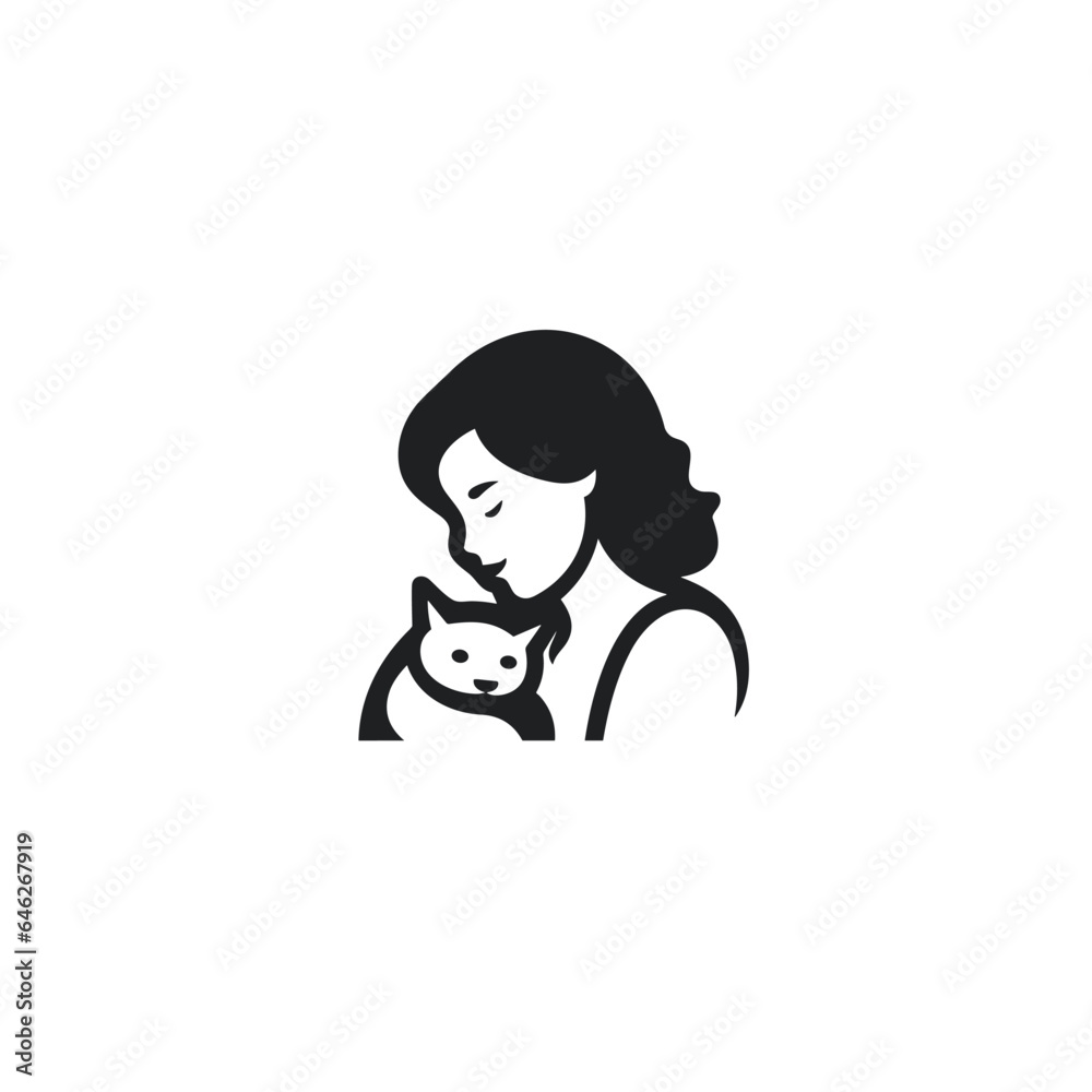 Veterinary hospital monochrome glyph logo. Vet checkup. Cat parent. Woman and pet. Design element. Created with artificial intelligence. Ai art for corporate branding, animal diagnostic clinic Veterinary hospital monochrome glyph logo. Vet checkup. Cat parent. Woman and pet. Design element. Created with artificial intelligence. Ai art for corporate branding, animal diagnostic clinic