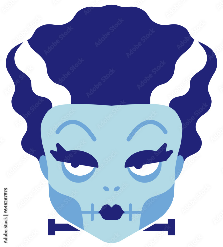 Bride of Frankenstein with Blue hair and skin, with minimal geometric flat vector shapes