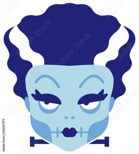 Bride of Frankenstein with Blue hair and skin, with minimal geometric flat vector shapes