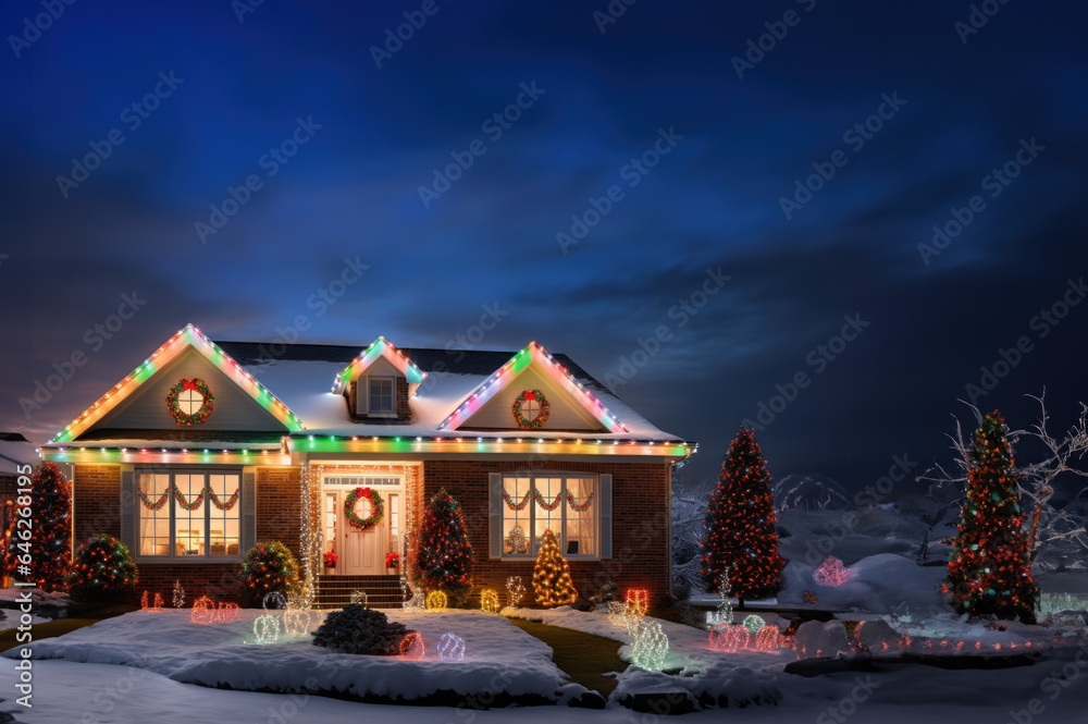 House decorated for the holidays created with Generative AI technology