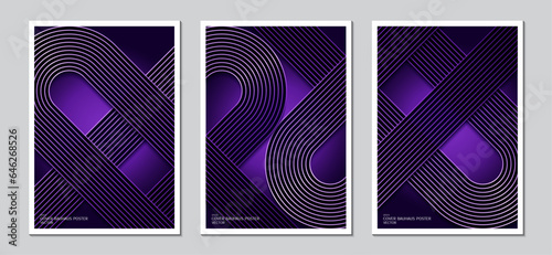 Cover design with glowing purple abstract geometric curves on dark gradient background. Ideas for magazine covers, brochures and posters.