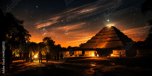 Mystical silhouette of a Mexican pyramid temple surrounded by glowing fireflies under the tranquil evening sky, creating an otherworldly scenic landmark.