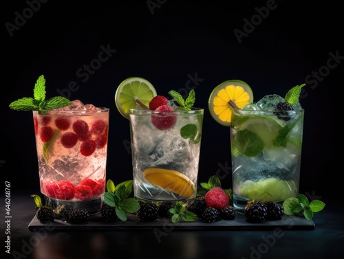 Three colourful cocktails with ice and colourful fruit garnish