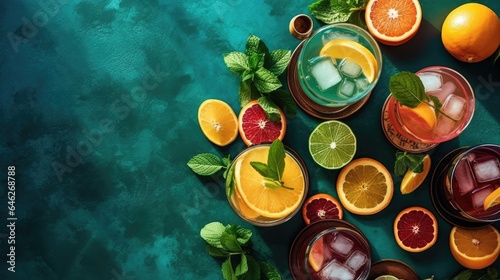 Overhead of five colourful cocktails with ice and colourful fruit garnish