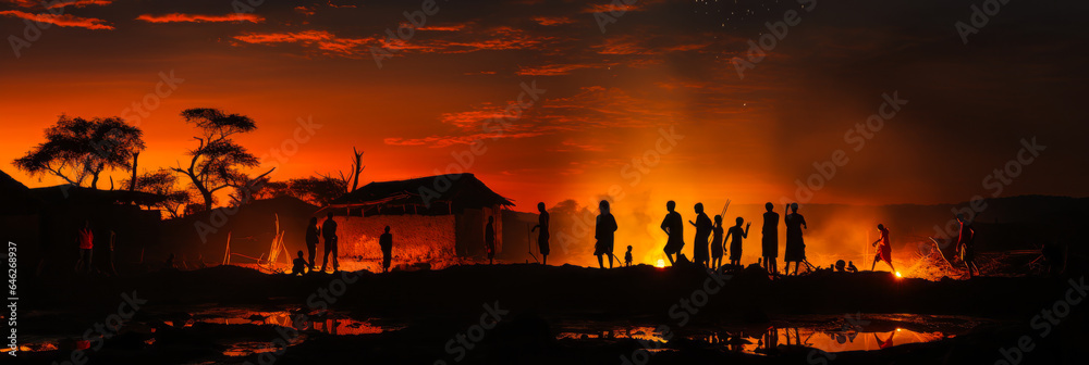 Obraz premium Ethereal silhouette of traditional Nigerian mud house, bathed in warm firelight under a serene night sky, reflecting indigenous architectural heritage