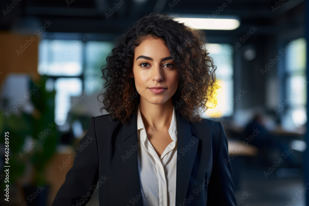 Smiling multicultural businesswoman with her office in the background Smiling multicultural businesswoman with her office in the background