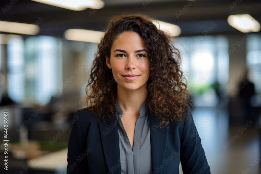 Smiling multicultural businesswoman with her office in the background Smiling multicultural businesswoman with her office in the background