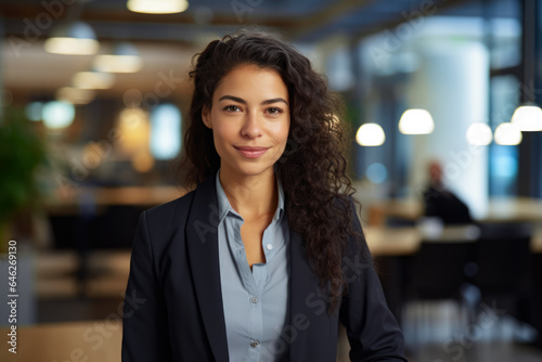 Smiling multicultural businesswoman with her office in the background