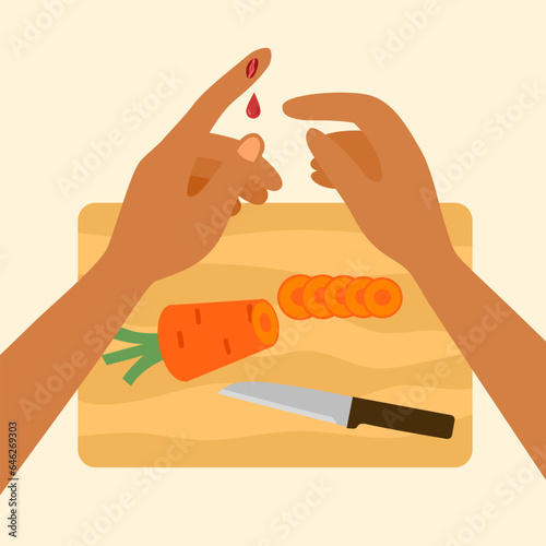 Hand finger bleed from kitchen knife cut in flat design. Wound on finger.