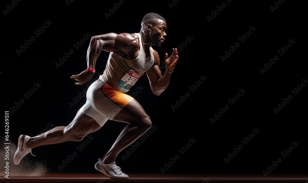 Active young african muscular speed running pose, Sport action pose in stadium running track background. Studio lighting.