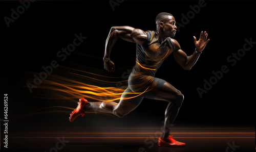 Active young african muscular speed running pose, Sport action pose in stadium running track background. Studio lighting. © Mangsaab
