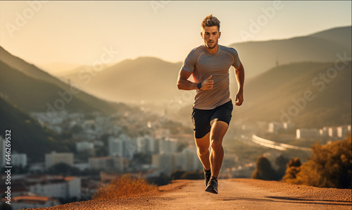 A trail runner running up a mountain trail as the sun rises. City view in the background