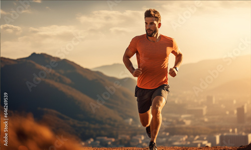 A trail runner running up a mountain trail as the sun rises. City view in the background