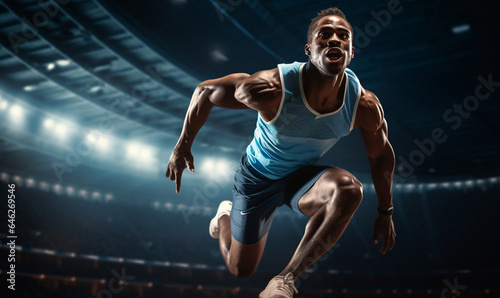 Young african muscular running and jumping, Sport action pose in stadium running track background. Studio lighting. © Mangsaab