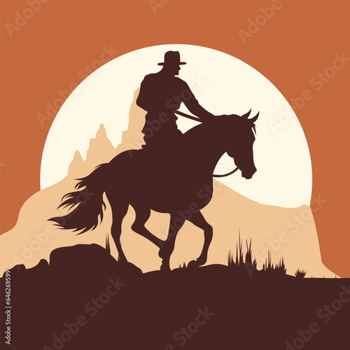 Cowboy riding a horse into sunset silhouette visible against orange sky vector illustration