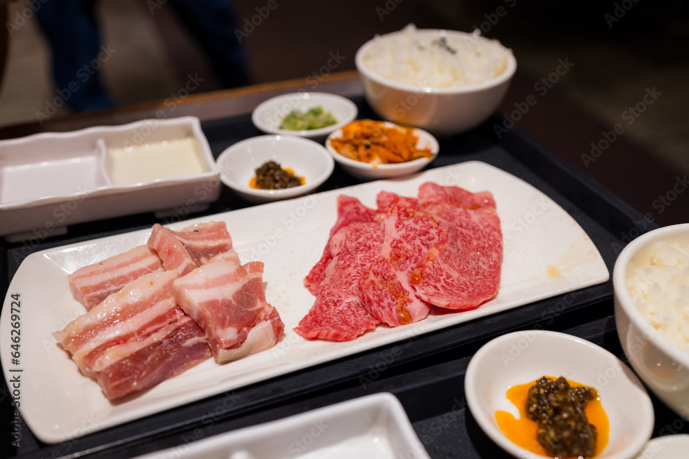 Slice of the raw beef in yakiniku restaurant