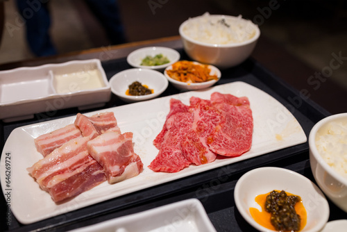 Slice of the raw beef in yakiniku restaurant