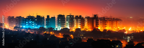 Majestic Nigerian skyscraper silhouette, glowing windows creating a vibrant dance against the noir of the night sky, an awe-inspiring panorama of urban grandeur.