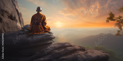 Meditating Buddhist Monk at Sunset . Buddhist Monk Contemplating Nature . Spiritual Journey on the Mountain Peak