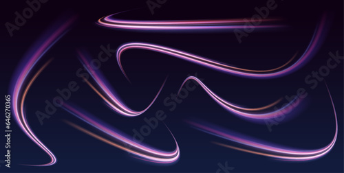 Curved light trail stretched upward. Fast speed car. Futuristic neon light line trails. Futuristic, technology pattern for banner or poster design background concept.