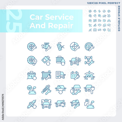 2D pixel perfect blue icons pack representing car repair and service, editable thin line illustration.