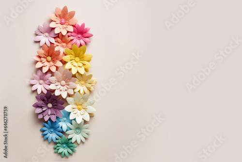 Layout made of colorful flowers on pink background. Floral background, top view, copy space. AI generative, illustration
