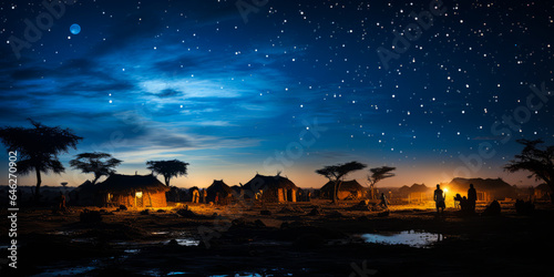 Serenely tranquil, traditional Senegalese huts in silhouette stark against the starry night sky. An embodiment of indigenous culture and craftsmanship.