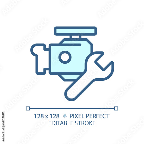 2D pixel perfect editable blue car engine repair icon, isolated vector, thin line illustration representing car service and repair.