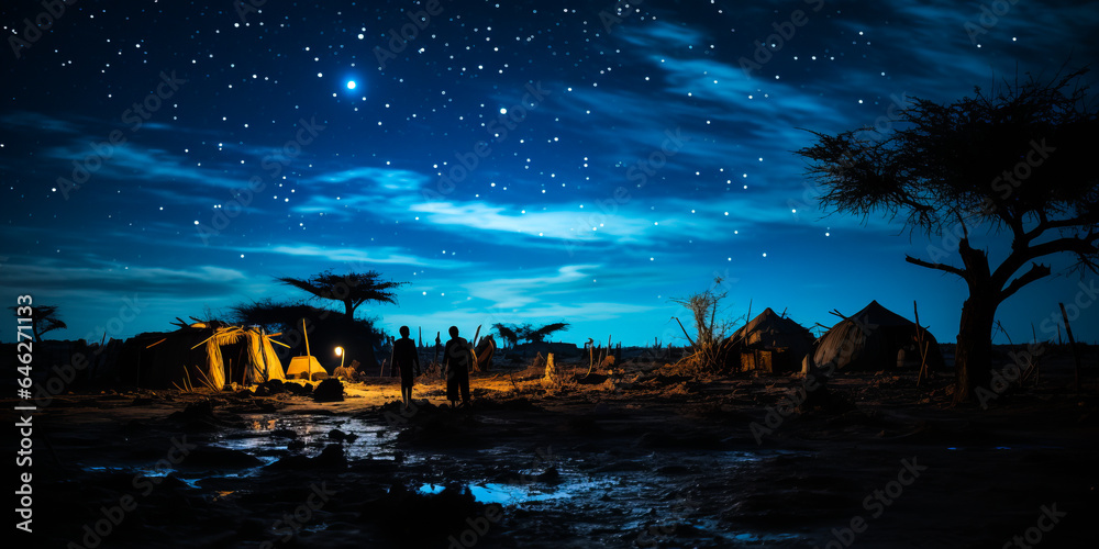 Captivating silhouette of traditional Senegalese huts under a serene starry night sky, echoing authentic craftsmanship, cultural heritage and tranquil rural life.