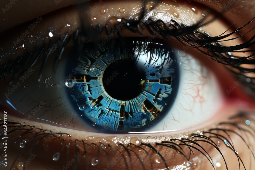 a robotic eye with reflections of binary code, symbolizing the visual capabilities and image processing prowess of artificial intelligence.