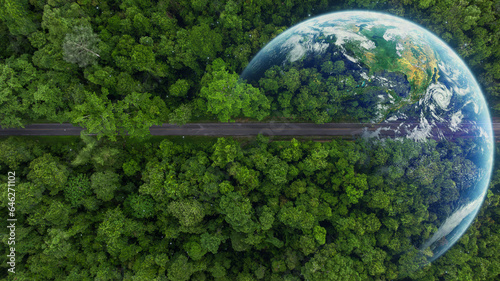 Aerial top view globe planet with asphalt road forest in asian tropical rainforest green forest tree, Tropical jungle forest in Southeast Asia, Green planet in your hands, Save Earth.