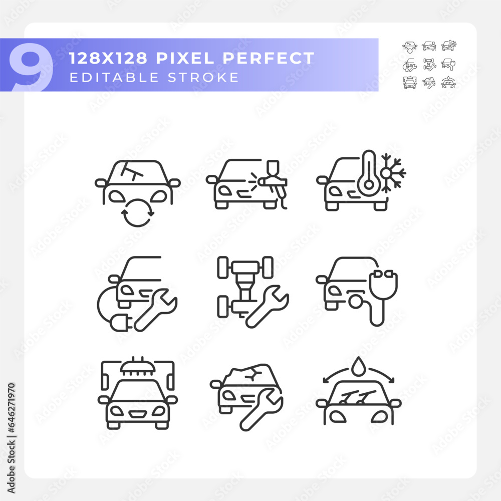 Pixel perfect black icons representing car repair and service, editable thin line illustration set.