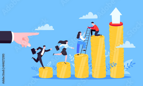 Business mentor helps improve career and money stacks growing. He holds stairs steps vector illustration. Mentorship, upskills, climb help self development strategy flat style design business concept.