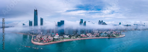 Aerial view of the advection fog in Qingdao city scene photo