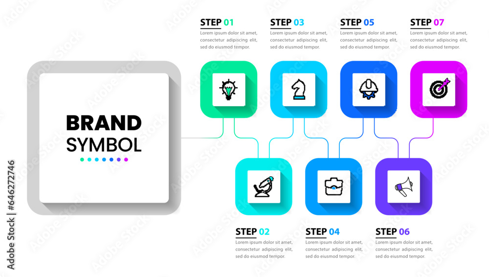 Infographic template. 7 connected squares with icons