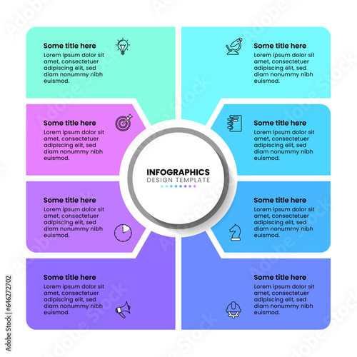 Infographic template. A rectangle with 8 parts and a circle in the middle.