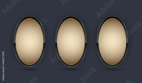 THREE Gold ellipse shape button vector illustration. 3 premium elegant design for empty oval emblem, medal or badge, isolated on black background