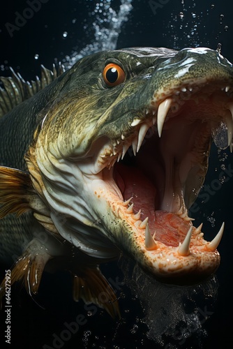 A close-up of a largemouth bass with its mouth wide open  showcasing its impressive teeth.