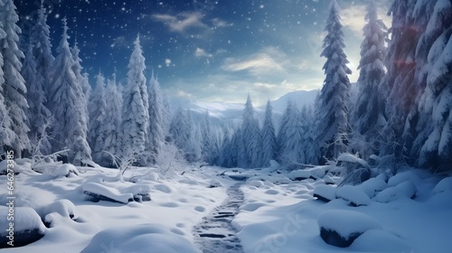 Majestic landscape with forest at winter time. Scenery background.