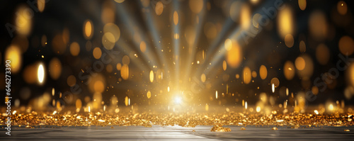 Night s Grandeur  Golden Confetti Cascade on Stage with Spotlight for Celebratory Moments