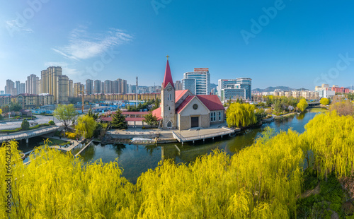 Aerial Qingdao wang river under the Christian church photo