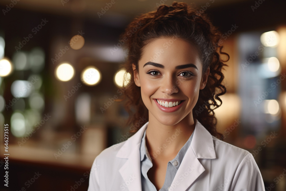 Photo hyper realistic scientist with dark brown hair wearing lab coat looking at camera on some effect background. Generative AI.