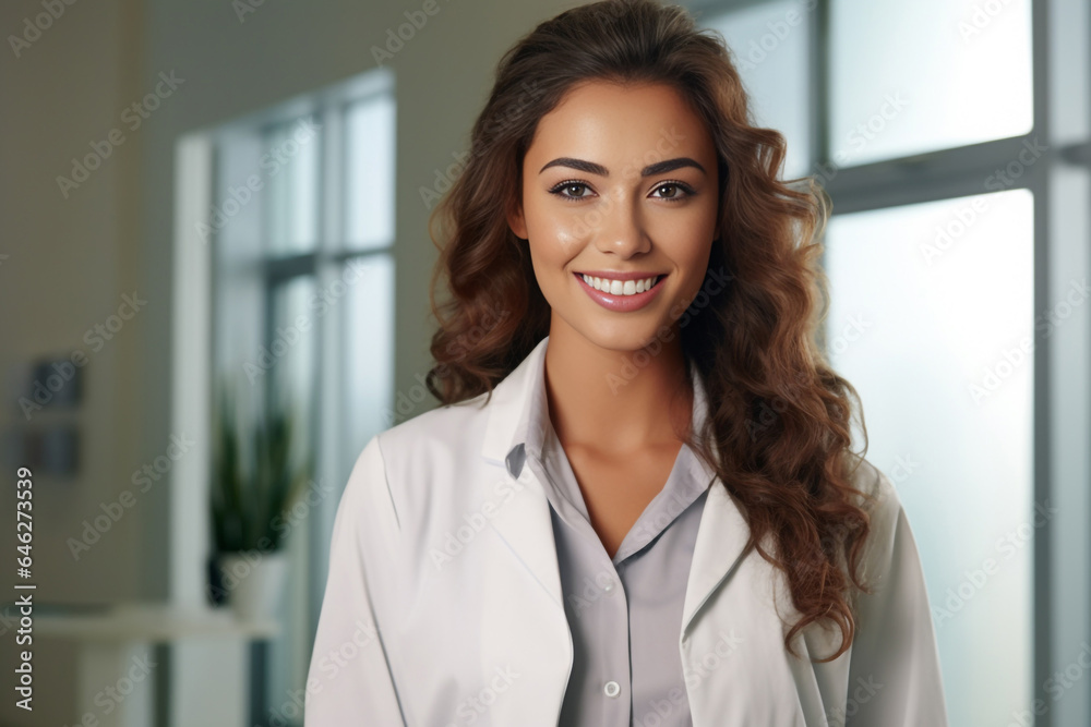 Photo hyper realistic scientist with dark brown hair wearing lab coat looking at camera on some effect background. Generative AI. Photo hyper realistic scientist with dark brown hair wearing lab coat looking at camera on some effect background. Generative AI.