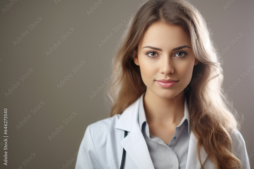 Photo hyper realistic scientist with dark brown hair wearing lab coat looking at camera on some effect background. Generative AI. Photo hyper realistic scientist with dark brown hair wearing lab coat looking at camera on some effect background. Generative AI.