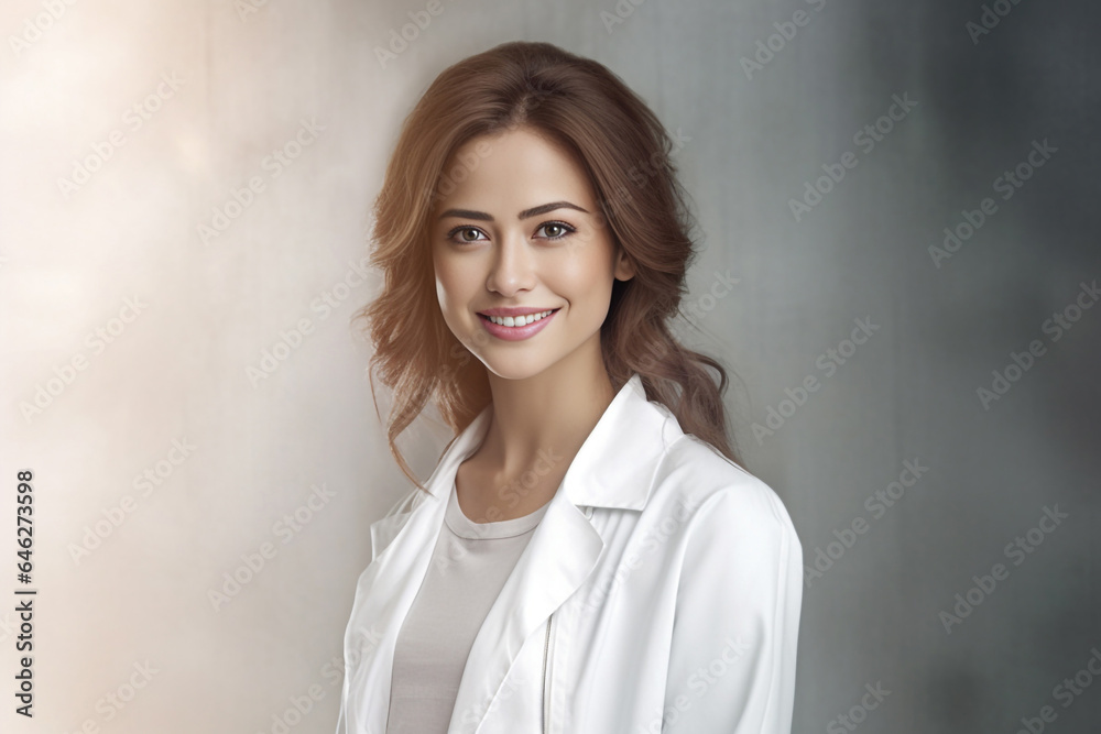 Photo hyper realistic scientist with dark brown hair wearing lab coat looking at camera on some effect background. Generative AI. Photo hyper realistic scientist with dark brown hair wearing lab coat looking at camera on some effect background. Generative AI.