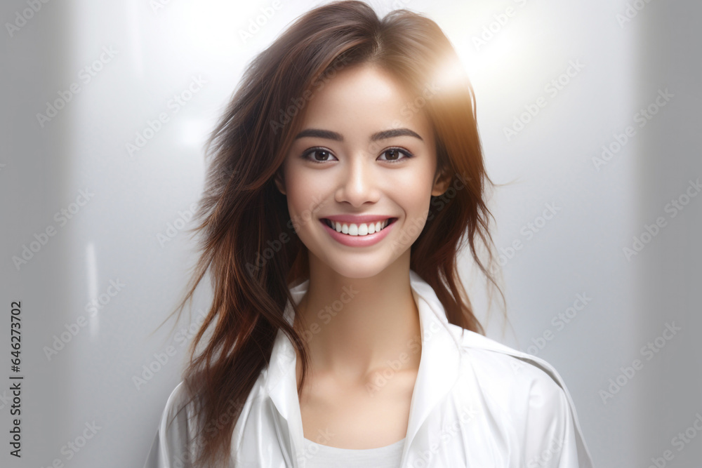 Photo hyper realistic scientist with dark brown hair wearing lab coat looking at camera on some effect background. Generative AI. Photo hyper realistic scientist with dark brown hair wearing lab coat looking at camera on some effect background. Generative AI.